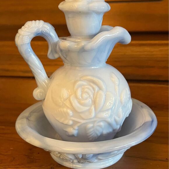 Victoriana Blue Milk Glass Pitcher & Bowl, Avon 1978 - Picture 1 of 10